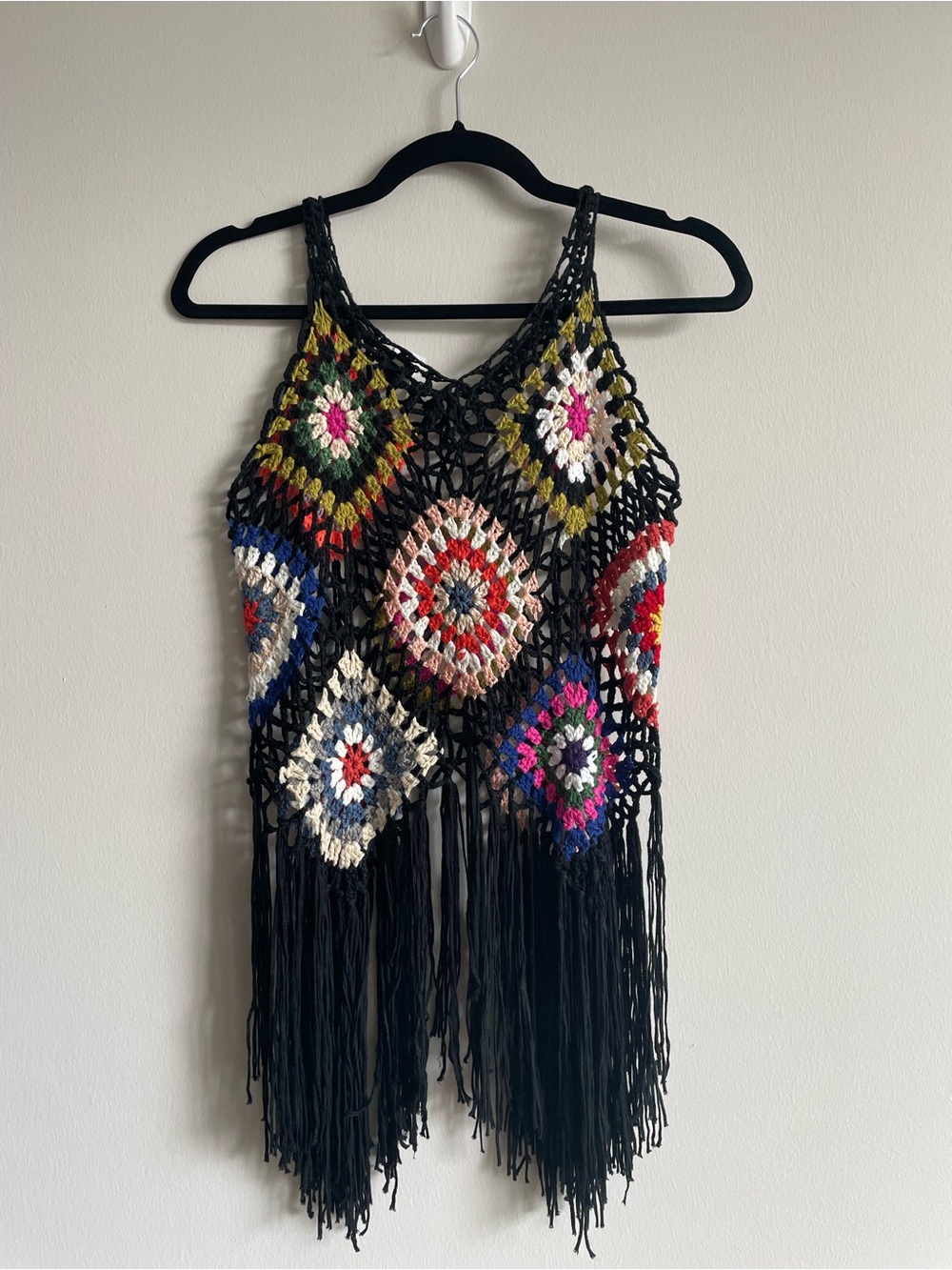 boho festival granny square crochet knit top colorful fringe beach cover up - Picture 7 of 7